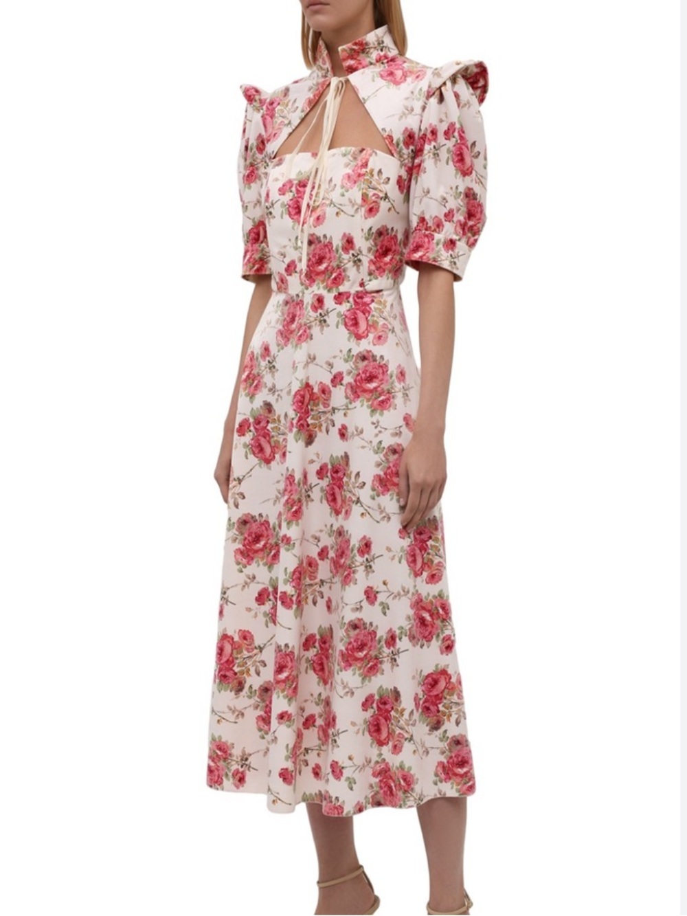 Pink Floral Midi Dress with Puff Sleeves and Tie Neck NWT